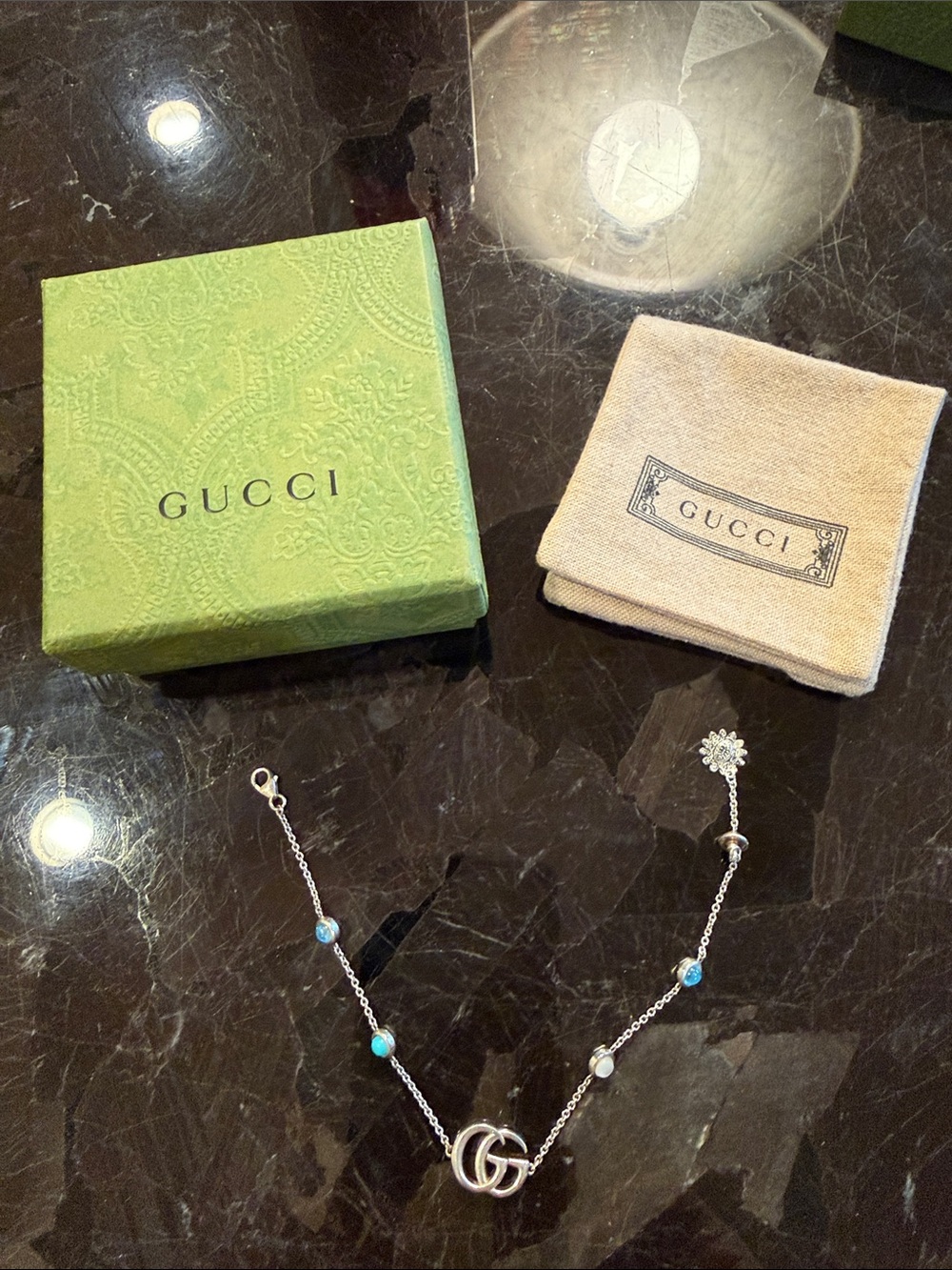 Gucci Silver Chain Bracelet with Blue and White Beads